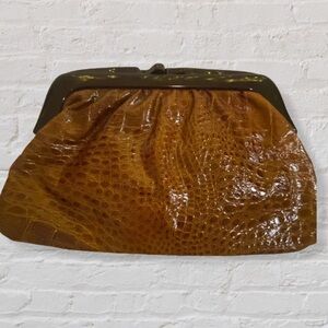 VINTAGE brown patent leather alligator clutch purse handbag